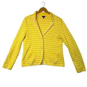 Talbots Womens Yellow White Striped Knit Blazer Cardigan Jacket Size M Button Up
